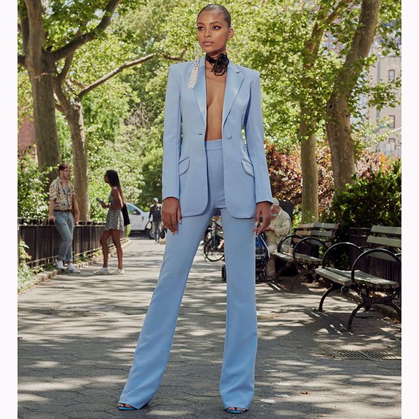 new personality women's two piece pants sets suit original design single button blazer fashion show flares bell-bottomed pants, White
new personality women's two piece pants sets suit original design single button blazer fashion show flares bell-bottomed pants, White