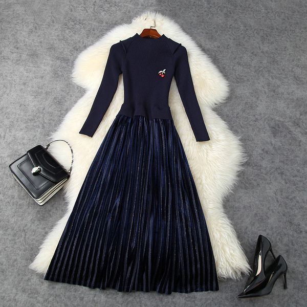 dresses european and american women's wear winter style cherry brooch with seven-minute sleeves fashion knitted pleated dress 7cso, Black;gray
dresses european and american women's wear winter style cherry brooch with seven-minute sleeves fashion knitted pleated dress 7cso, Black;gray