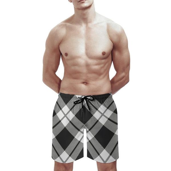 black grey checkered plaid print men's cool beach shorts summer swim trunks quick dry mesh lining board with pockets, White;black
black grey checkered plaid print men's cool beach shorts summer swim trunks quick dry mesh lining board with pockets, White;black