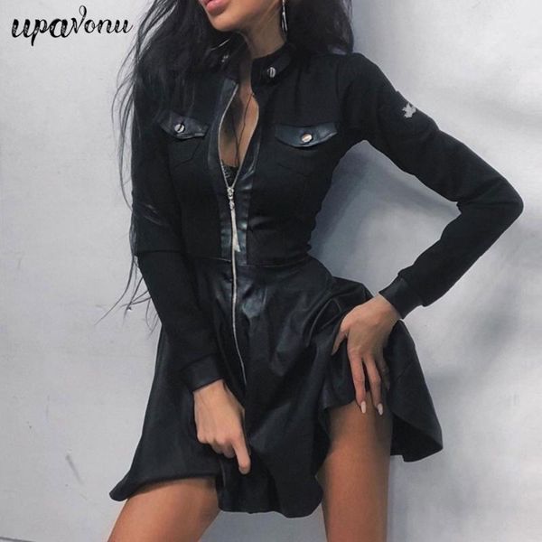 faux leather stitching dress 2021 stand collar long sleeve front zip a-line mini club wearing casual dresses, Black;gray
faux leather stitching dress 2021 stand collar long sleeve front zip a-line mini club wearing casual dresses, Black;gray