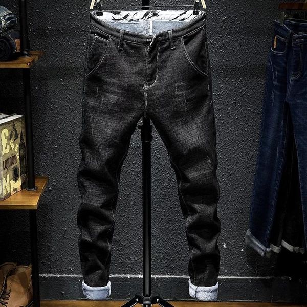 men's jeans biker jean winter warm thicken pants fleece lined stretch thick velvet plus size 38 men 3rvc, Blue