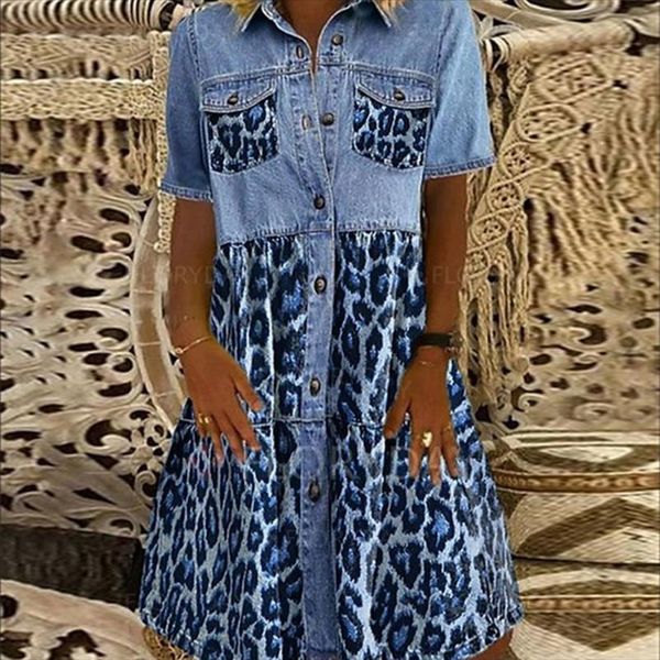 summer short sleeve leopard patchwork womens dress denim style elegant turn down collar pockets party retro plus size, Black;gray
summer short sleeve leopard patchwork womens dress denim style elegant turn down collar pockets party retro plus size, Black;gray
