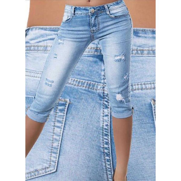 jeans women's capris high waist elastic wear slim feet, Blue 
jeans women's capris high waist elastic wear slim feet, Blue