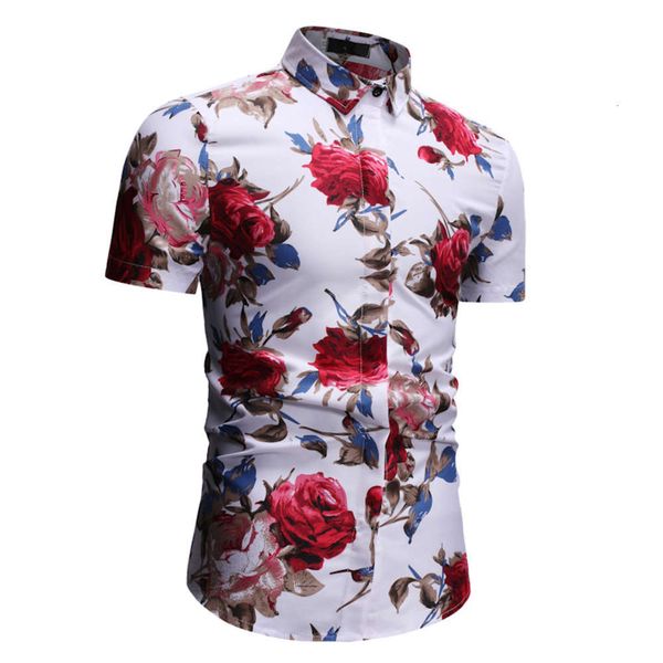 men's shirt men's short sleeve summer youth casual rose print slim fit lapel shirt for men, White;black
men's shirt men's short sleeve summer youth casual rose print slim fit lapel shirt for men, White;black