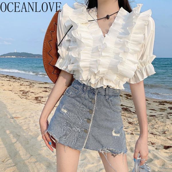 women's blouses & shirts oceanlove chiffon solid ruffles 2021 v neck summer sweet korean vintage women short sleeve slim blusas mujer, White
women's blouses & shirts oceanlove chiffon solid ruffles 2021 v neck summer sweet korean vintage women short sleeve slim blusas mujer, White