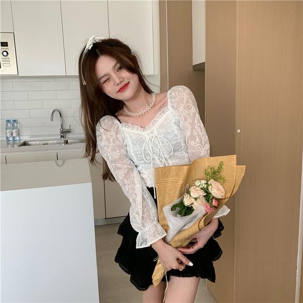 women's blouses & shirts shirt lace square neck tie long-sleeved chiffon female summer style korean loose slim top, White 
women's blouses & shirts shirt lace square neck tie long-sleeved chiffon female summer style korean loose slim top, White
