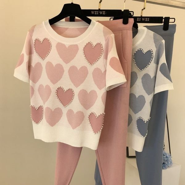 summer short sleeve sweet love pattern women two piece set pearls pullover sweater + elastic waist pants 2 210520, White
summer short sleeve sweet love pattern women two piece set pearls pullover sweater + elastic waist pants 2 210520, White