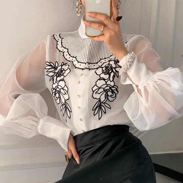women's blouses & shirts korean chic spring stand-up collar embroidery flower mesh blouse see-through lantern sleeve gauze shirt black, White
women's blouses & shirts korean chic spring stand-up collar embroidery flower mesh blouse see-through lantern sleeve gauze shirt black, White