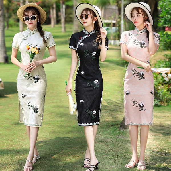 lace trim panda embroidery chiffon knee-length qipao traditional chinese women short sleeve dress daily cheongsam, Red
lace trim panda embroidery chiffon knee-length qipao traditional chinese women short sleeve dress daily cheongsam, Red