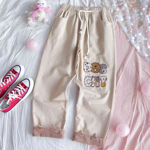 autumn japanese kawaii cartoon khaki pants women soft sister embroidery cat dog letter teenage girl cute ear roll up trousers, Black;white
autumn japanese kawaii cartoon khaki pants women soft sister embroidery cat dog letter teenage girl cute ear roll up trousers, Black;white