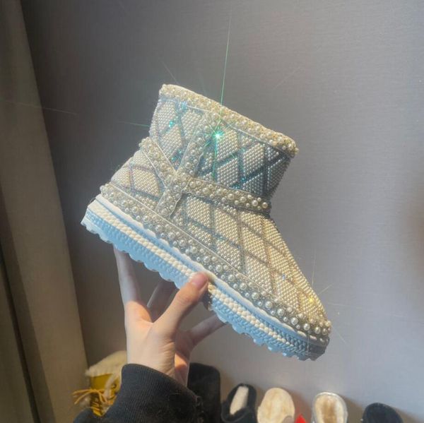 women winter snow boots genuine leather fashion luxurious large pearl inlay noble manual make designer girl classic diamond lattice stitched, Black
women winter snow boots genuine leather fashion luxurious large pearl inlay noble manual make designer girl classic diamond lattice stitched, Black