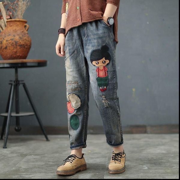 spring autumn arts style womens jeans elastic waist cotton denim harem pants vintage embroidery loose ripped d463, Blue
spring autumn arts style womens jeans elastic waist cotton denim harem pants vintage embroidery loose ripped d463, Blue