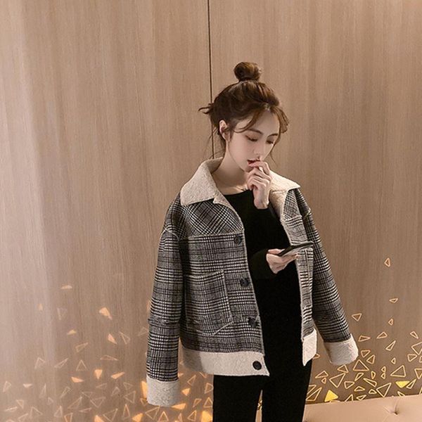 women's wool & blends winter lambs coat women loose short ins hit color lapel plaid outerwear thick casual female, Black
women's wool & blends winter lambs coat women loose short ins hit color lapel plaid outerwear thick casual female, Black