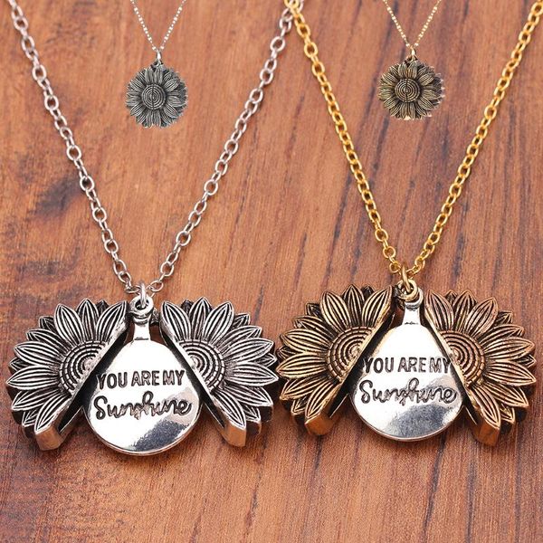 pendant necklaces 2021 vintage sunflower necklace double-layer you are my sunshine open locket women jewelry gift, Silver 
pendant necklaces 2021 vintage sunflower necklace double-layer you are my sunshine open locket women jewelry gift, Silver