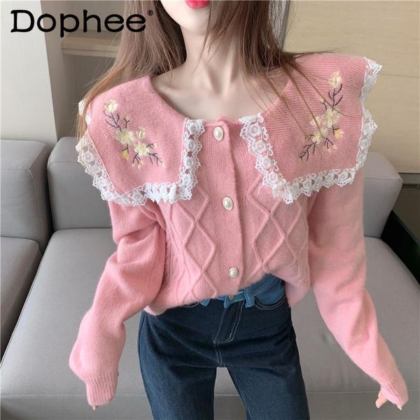 women's knits & tees 2021 fall retro embroidery doll collar loose knitted cardigan women long sleeve sweater coats korean fashion clot, White
women's knits & tees 2021 fall retro embroidery doll collar loose knitted cardigan women long sleeve sweater coats korean fashion clot, White
