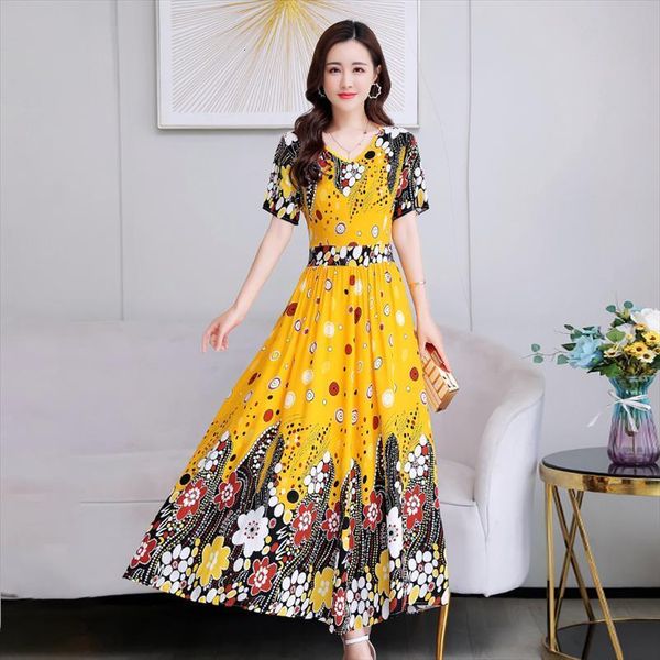 summer robe femme women dress plus size casual short sleeve boho vintage print long maxi beach, Black;gray 
summer robe femme women dress plus size casual short sleeve boho vintage print long maxi beach, Black;gray