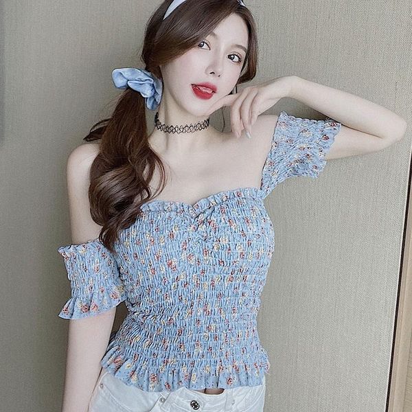 women's t-shirt 2021 summee sweet style fashion slash neck pleated small floral print short chiffon shirt, White
women's t-shirt 2021 summee sweet style fashion slash neck pleated small floral print short chiffon shirt, White
