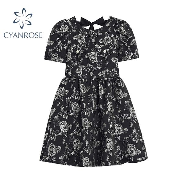 vintage flower printed short sleeve women dresses summer korean retro elegant backless bow bandage casual female 210430, Black;gray
vintage flower printed short sleeve women dresses summer korean retro elegant backless bow bandage casual female 210430, Black;gray