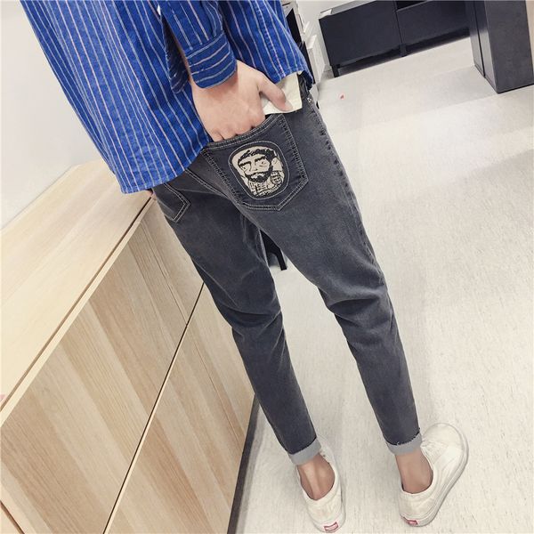 men's jeans spring autumn cropped pants youth denim pocket printed teenagers jeans male slim feet ankle length men t8f, Blue 
men's jeans spring autumn cropped pants youth denim pocket printed teenagers jeans male slim feet ankle length men t8f, Blue