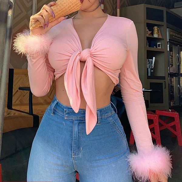 pink v-neck women shirt front bandgae lace up long sleeve patchwork feathers cute cropped skinny fall short women's t-shirt, White
pink v-neck women shirt front bandgae lace up long sleeve patchwork feathers cute cropped skinny fall short women's t-shirt, White