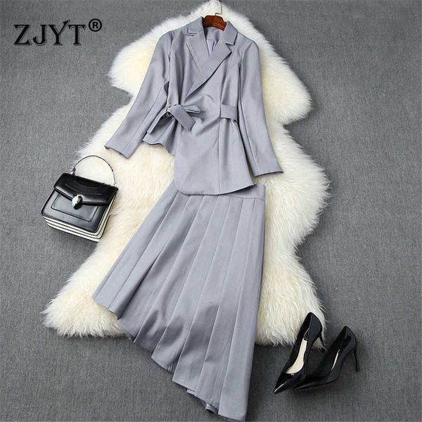 autumn winter lady office two piece outfits elegant long sleeve bandage blazer and irregular skirt suit sets 210601, White