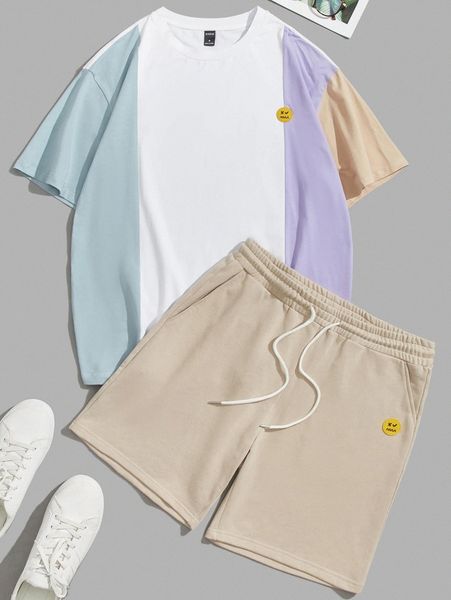 men colorblock & cartoon graphic tee and shorts set x7ks#, Gray 
men colorblock & cartoon graphic tee and shorts set x7ks#, Gray