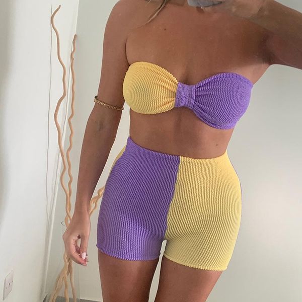 women's swimwear 2 pieces female suit set summer sleeveless strapless crop + high waist short pants for ladies, White;black
women's swimwear 2 pieces female suit set summer sleeveless strapless crop + high waist short pants for ladies, White;black