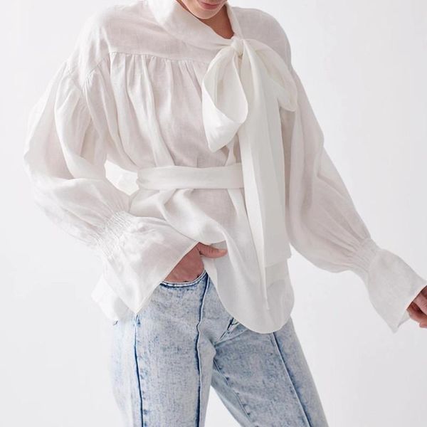early autumn women's linen blouse asymmetric bow design long flare sleeve lace-up loose shirt blouses & shirts, White
early autumn women's linen blouse asymmetric bow design long flare sleeve lace-up loose shirt blouses & shirts, White