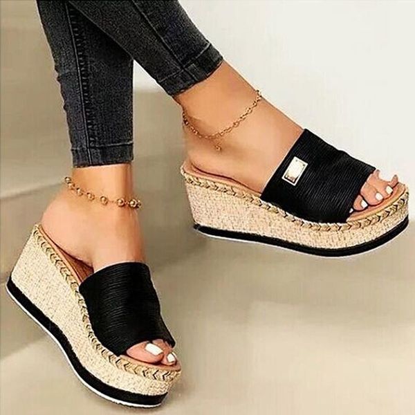 women's wedge sequins slipper summer high heels slippers slanted heel sandals fish mouth straw thick bottom wedges, Black
women's wedge sequins slipper summer high heels slippers slanted heel sandals fish mouth straw thick bottom wedges, Black
