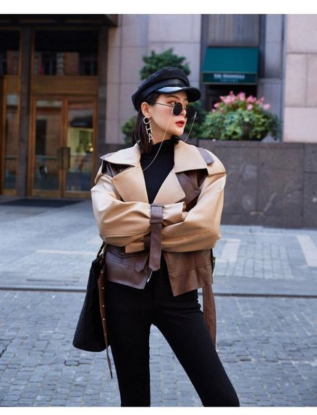 women's leather & faux retro fashion jacket female autumn motorcycle suit handsome pu short section color matching streetwear 5kui, Black
women's leather & faux retro fashion jacket female autumn motorcycle suit handsome pu short section color matching streetwear 5kui, Black
