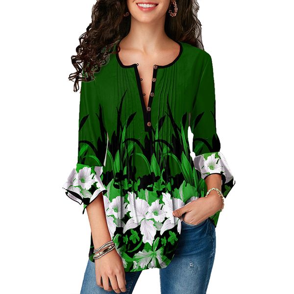 flare cuff crinkle chest floral print blouse, White 
flare cuff crinkle chest floral print blouse, White