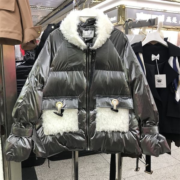down Glossy stitching lamb hair bread down women's winter short Korean version loose thick padded jacket tide, Black
down Glossy stitching lamb hair bread down women's winter short Korean version loose thick padded jacket tide, Black