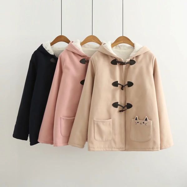 women's wool & blends winter horns buckle sweet preppy style cute pocket cat embroidered long sleeve warm hooded woolen jacket tj0l, Black
women's wool & blends winter horns buckle sweet preppy style cute pocket cat embroidered long sleeve warm hooded woolen jacket tj0l, Black