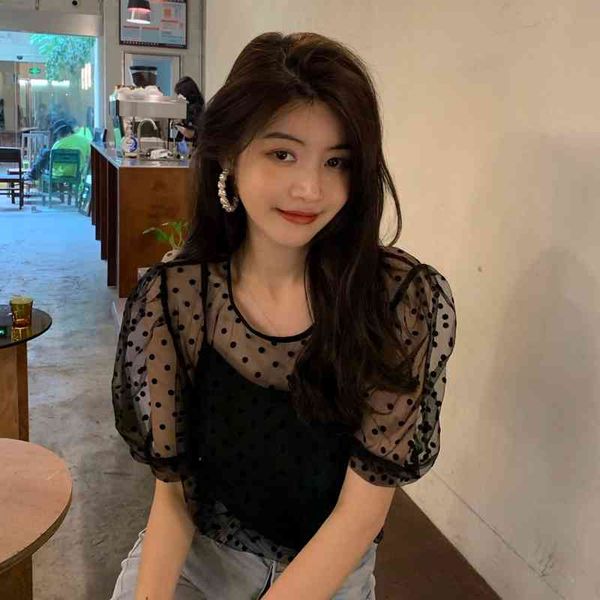 black o neck puff short sleeve polka dot blouse women mesh shirts summer thin bottom camisole fashion elegant retro 210429, White
black o neck puff short sleeve polka dot blouse women mesh shirts summer thin bottom camisole fashion elegant retro 210429, White