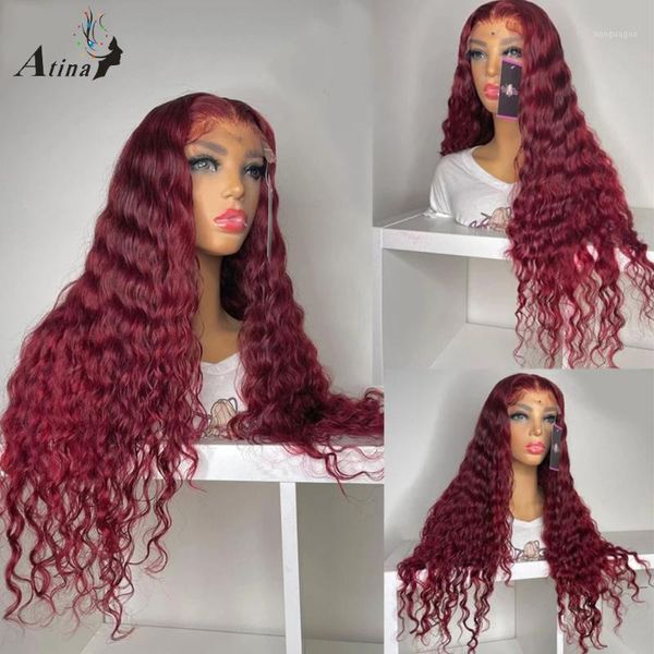 

preplucked remy colored 99j burgundy red 13x4 lace front wigs loose deep body wave hd transparent frontal wig human hair 261, Black;brown