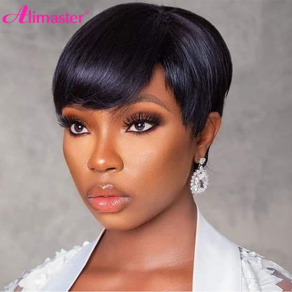 short straight wig with bangs pixie cut wig human hair wigs for women machine made human hair glueless wig remy alimaster, Black
short straight wig with bangs pixie cut wig human hair wigs for women machine made human hair glueless wig remy alimaster, Black