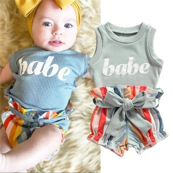 clothing sets 0-24months summer born girls baby letter print ribbed tank + elastic waist bow belt vertical stripes rainbow shorts, White
clothing sets 0-24months summer born girls baby letter print ribbed tank + elastic waist bow belt vertical stripes rainbow shorts, White