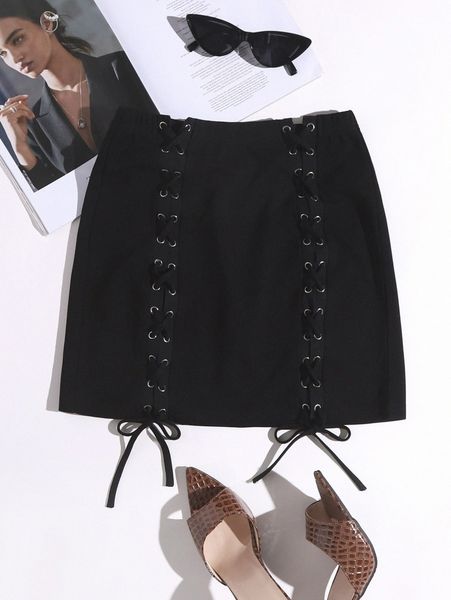 lace up front skirt n6u4#, Black