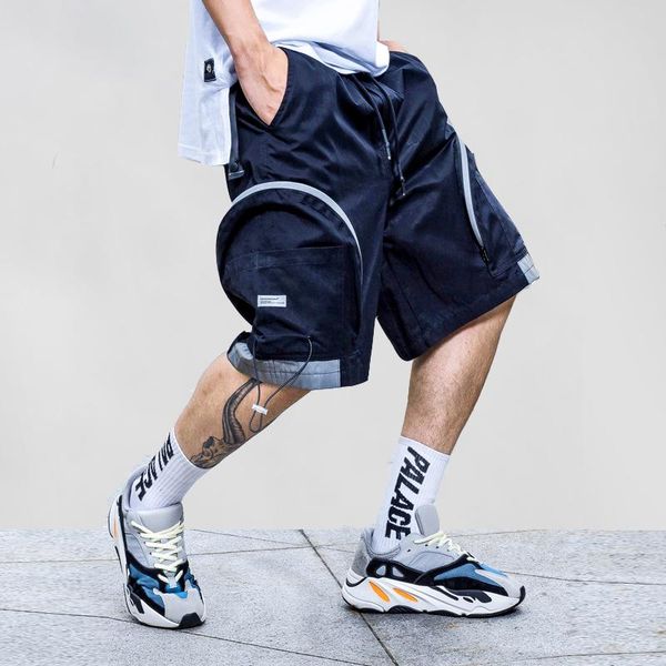 men's shorts big pocket design harem reflective striped jogger men fashion summer streetwear hip hop knee length, White;black
men's shorts big pocket design harem reflective striped jogger men fashion summer streetwear hip hop knee length, White;black