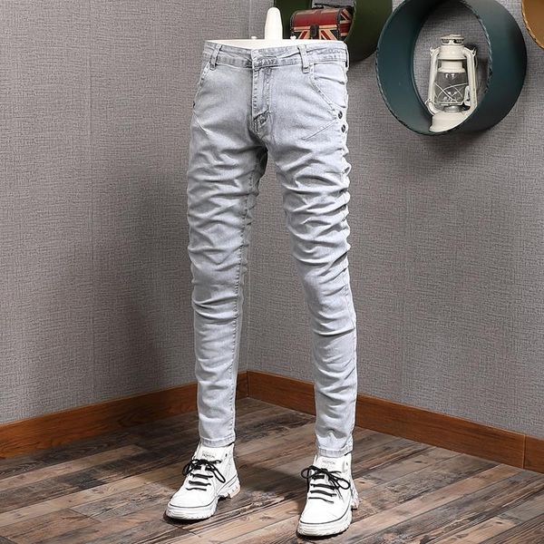 men's jeans korean style fashion men retro gray white slim fit elastic designer ripped streetwear casual denim pencil pants, Blue
men's jeans korean style fashion men retro gray white slim fit elastic designer ripped streetwear casual denim pencil pants, Blue