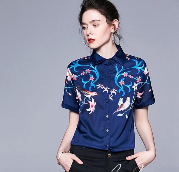 lapel new summer fashion printing slim short sleeved wild shirt european and american women's clothing, White
lapel new summer fashion printing slim short sleeved wild shirt european and american women's clothing, White
