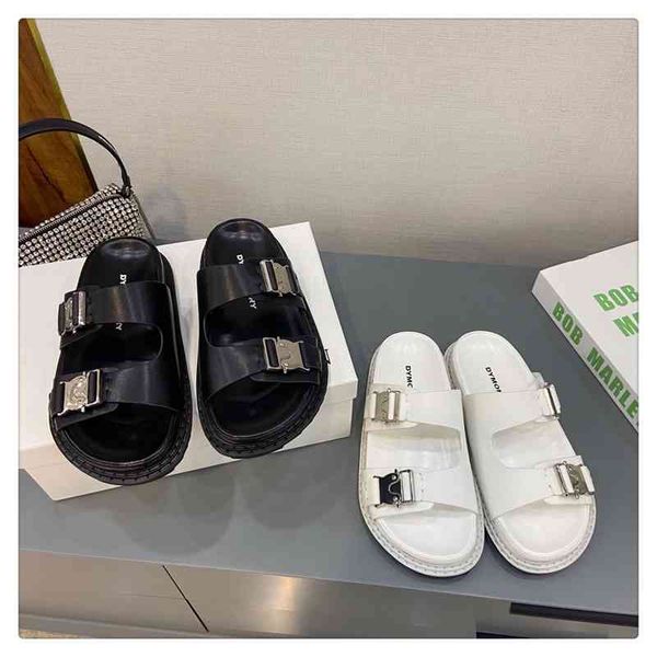 dy double buckle metal button slippers leather g024, Black 
dy double buckle metal button slippers leather g024, Black
