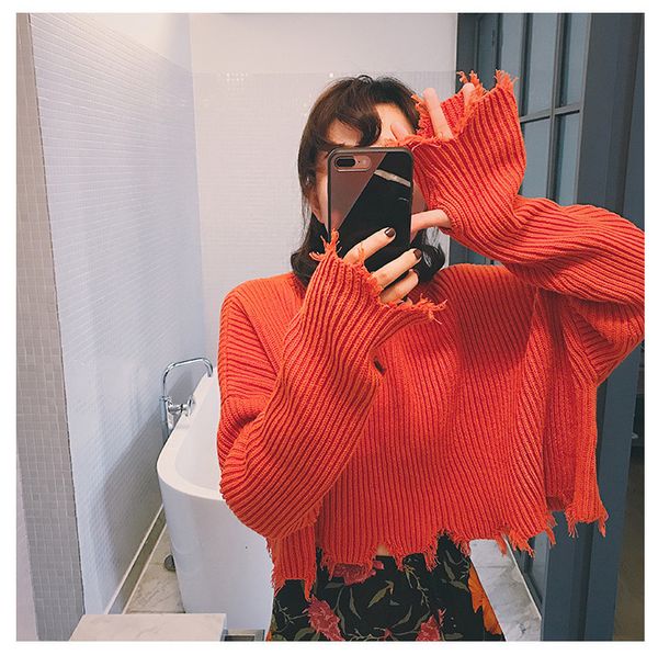 pullover short sweaters with ripped tassels women long sleeves loose black orange sweater girls autumn irregular knitted jumpers, White;black
pullover short sweaters with ripped tassels women long sleeves loose black orange sweater girls autumn irregular knitted jumpers, White;black