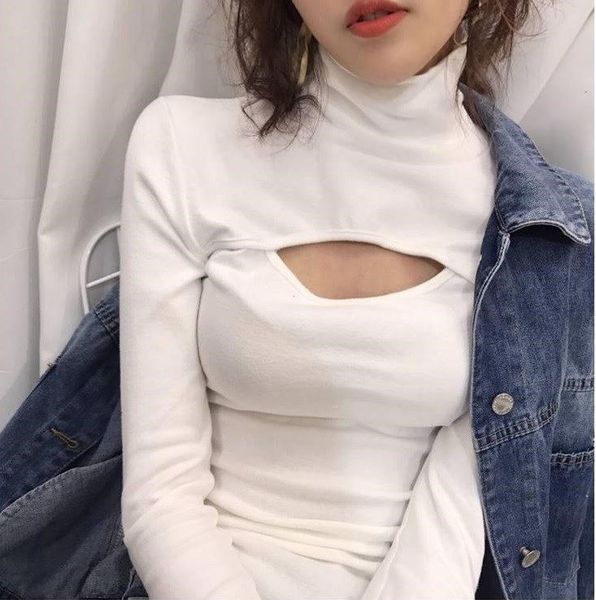 women's t-shirt hollow out slim t shirt long sleeved turtleneck women solid color bottoming fashion ladies, White
women's t-shirt hollow out slim t shirt long sleeved turtleneck women solid color bottoming fashion ladies, White