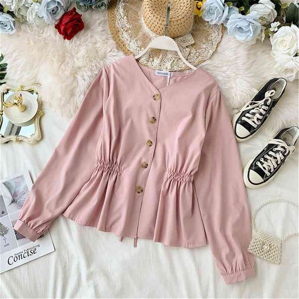 women's spring autumn blouse korean style v-neck pleated single-breasted shirt wild loose thin long-sleeved gx337 210507, White 
women's spring autumn blouse korean style v-neck pleated single-breasted shirt wild loose thin long-sleeved gx337 210507, White