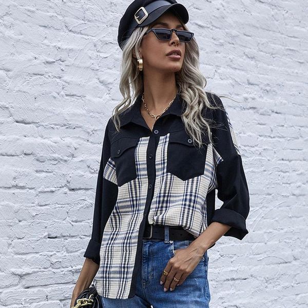 women's blouses & shirts fashion plaid stitching female casual blouse 2021 spring autumn office lady pockets button up, White
women's blouses & shirts fashion plaid stitching female casual blouse 2021 spring autumn office lady pockets button up, White