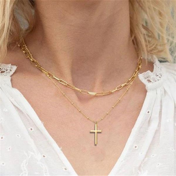 women's simple stainless steel layered necklace catholic cross pendant double-layer clavicle chain, Black
women's simple stainless steel layered necklace catholic cross pendant double-layer clavicle chain, Black