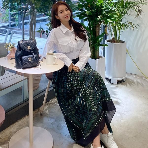 women summer two piece outfits long sleeve slim solid shirt+high waist skirt sets korean fashion retro printing dress, White
women summer two piece outfits long sleeve slim solid shirt+high waist skirt sets korean fashion retro printing dress, White