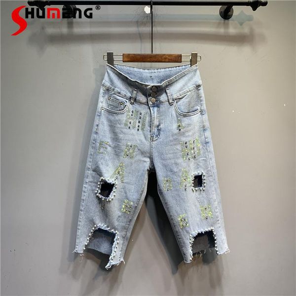 women's jeans 2021 summer exquisite rhinestone beaded ripped cropped denim shorts ins western high waist elastic straight middle pants, Blue
women's jeans 2021 summer exquisite rhinestone beaded ripped cropped denim shorts ins western high waist elastic straight middle pants, Blue