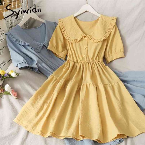 dress for women summer korean clothes puff sleeve ruffles peter pan collar casual a-line midi dresses green blue 210607, Black;gray
dress for women summer korean clothes puff sleeve ruffles peter pan collar casual a-line midi dresses green blue 210607, Black;gray